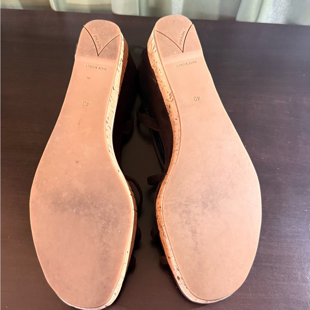 Prada Brown Suede Knot-Front Wedge Sandals - Picture 4 of 4